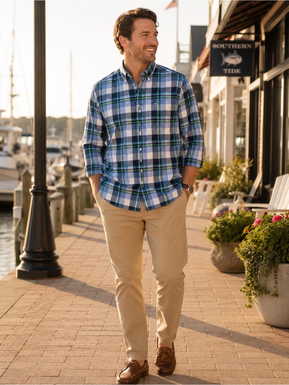 Southern Tide Men’s Medium Plaid Button Down Shirt Blue Green Cotton